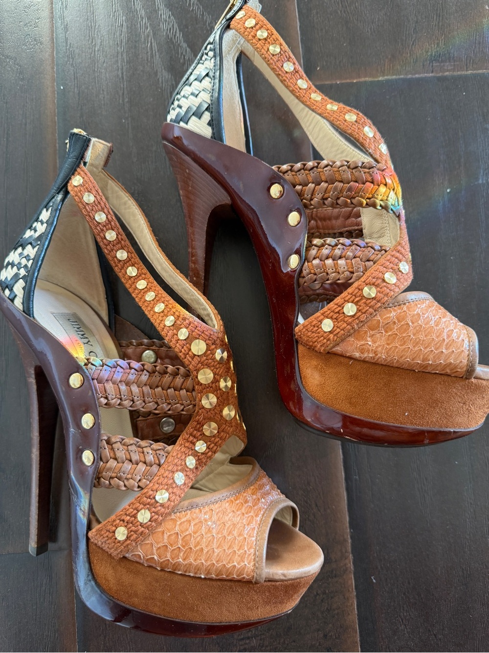 Jimmy choo Khloe Kardashian brown python mixed media heels